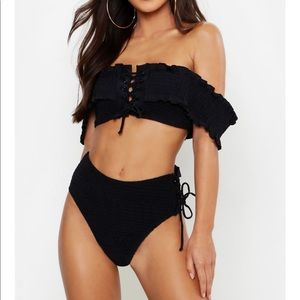 BooHoo black Petite Lettuce Hem Bardot Bikini